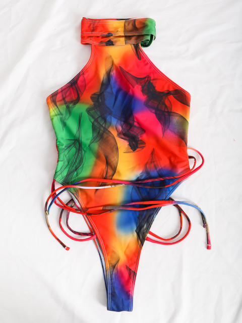 Women's lace-up gradient color swimsuit