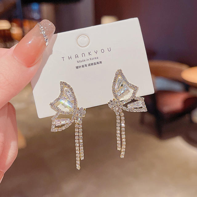 925 silver needle butterfly zircon tassel earrings