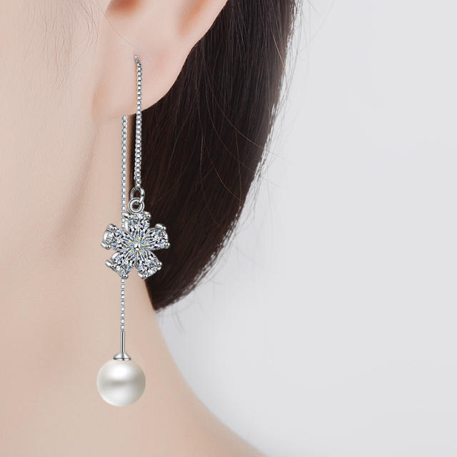 Pearl Flower cubic zirconia diamond threader earrings