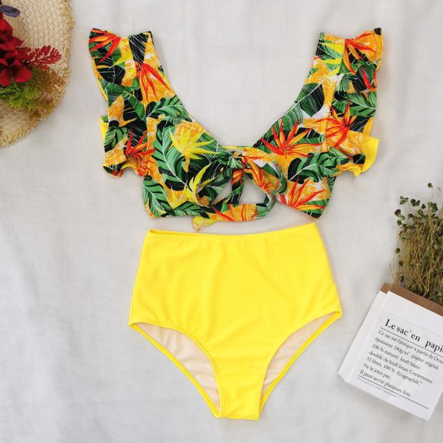 Color print flounced high waist swimsuit