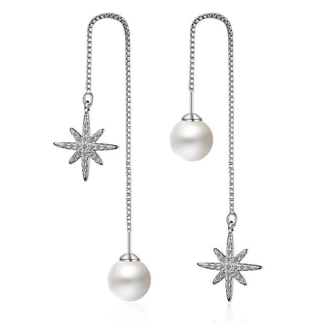 Cubic zirconia star Pearl diamond threader earrings