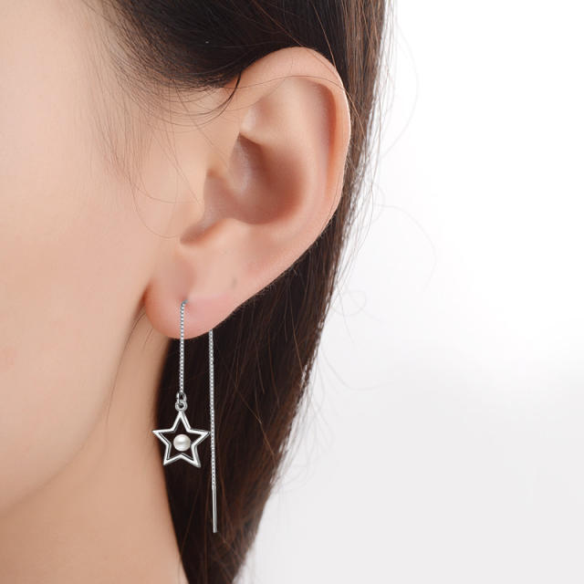 pearl five-pointed star threader earrings