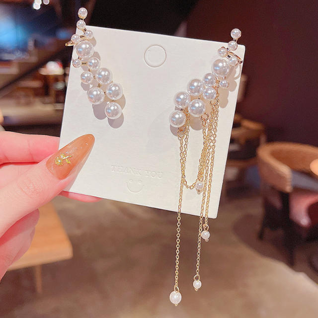 925 silver needle irregular pearl chain tassel earrings