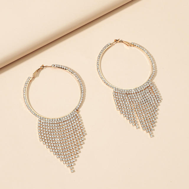 Diamond hoop chain tassel earrings