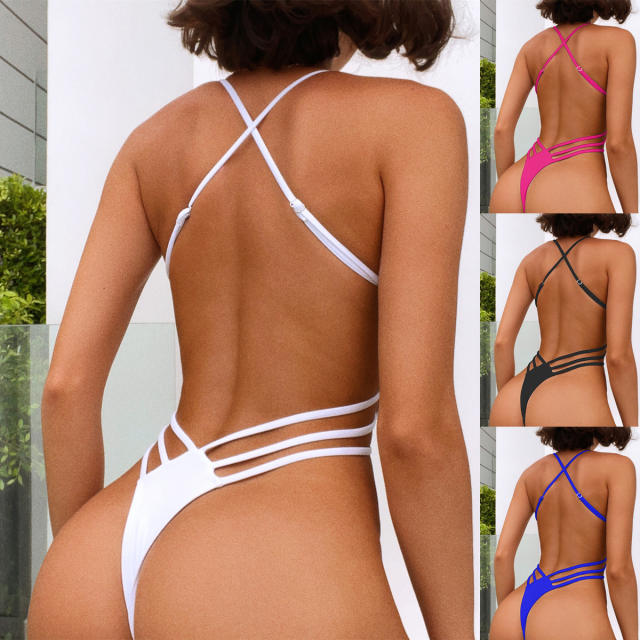 Plain color sexy backless one piece swimsuit