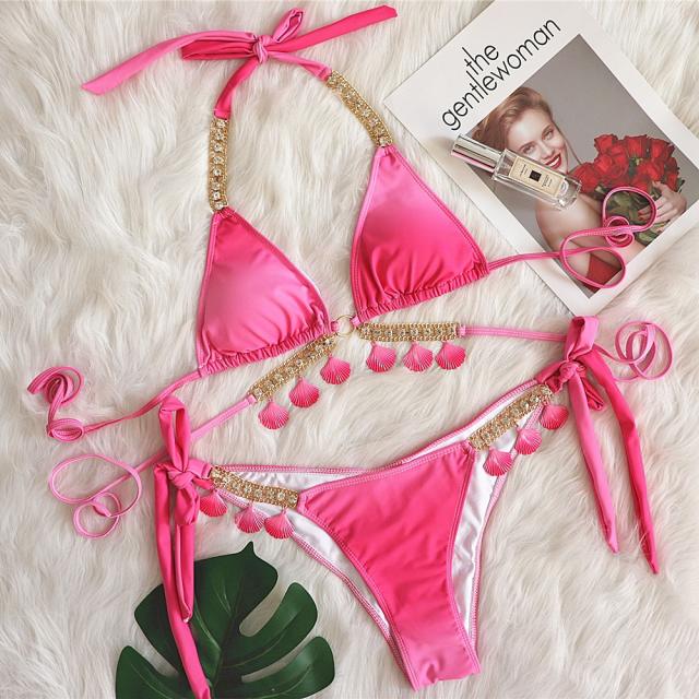 Shell tassel sexy rhinestone bikini