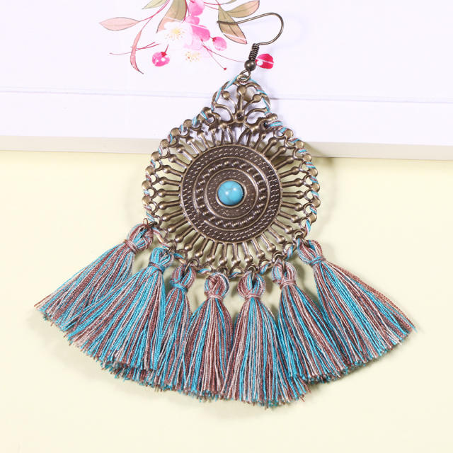 Bohemian style retro thread hoop tassel earrings