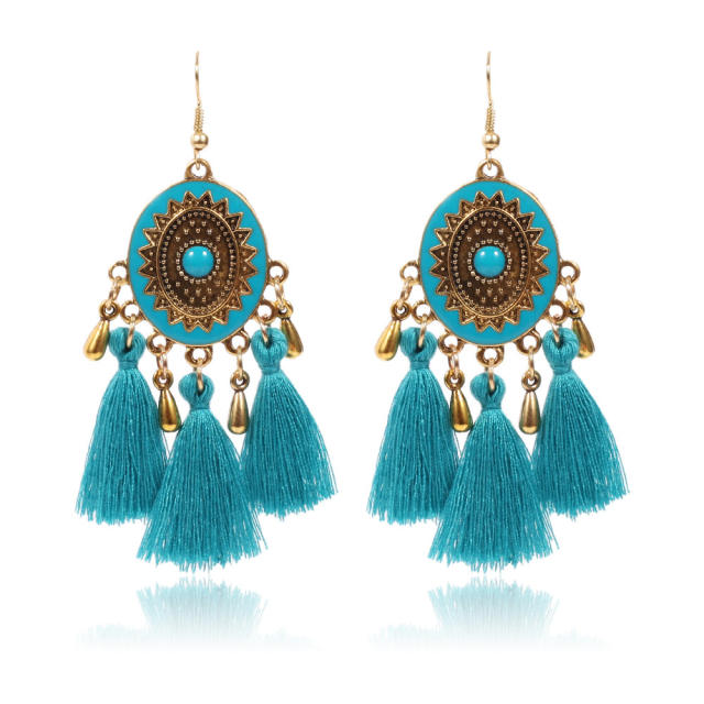 Retro thread hoop tassel earrings