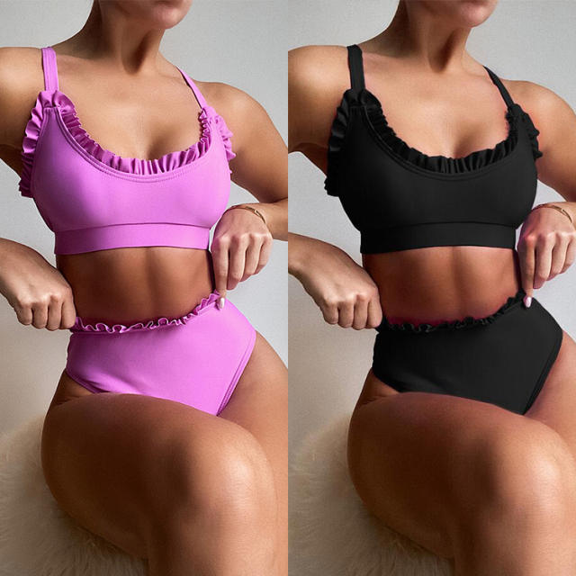 Solid color high waist swimsuit