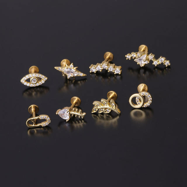 Stainless steel copper zircon studs cartilage earrings