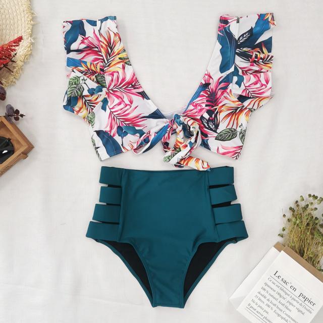 Color print flounced high waist swimsuit