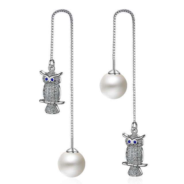 Owl Pearl cubic zirconia diamond threader earrings