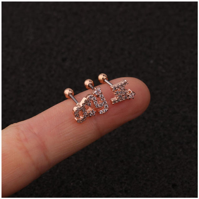 26 letters stainless steel copper zircon studs cartilage earrings