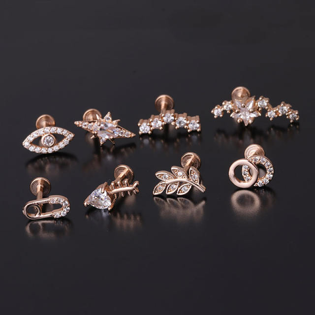 Stainless steel copper zircon studs cartilage earrings