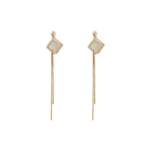 925 silver needle square opal tassel earrings