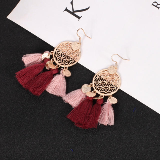 Fashion round hollowed out thread hoop tassel earrings