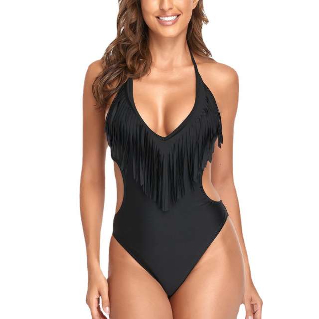 One piece solid color tassel swimsuit