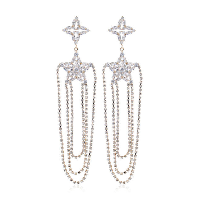 Five-pointed star rhinestone chain tassel earrings 925 silver needle
