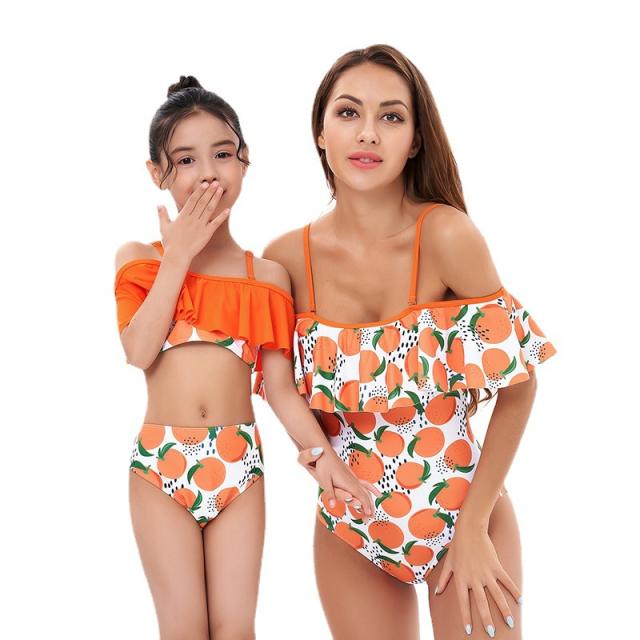 Orange color cute mommy and kids swimwear