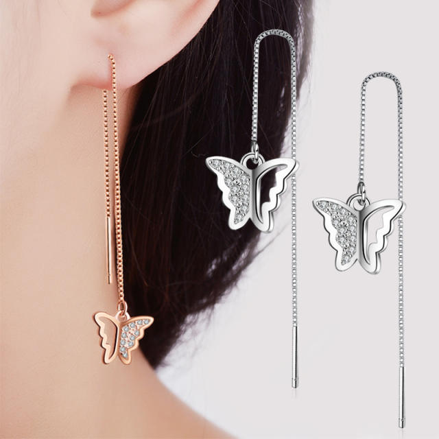 Cubic zirconia butterfly diamond threader earrings
