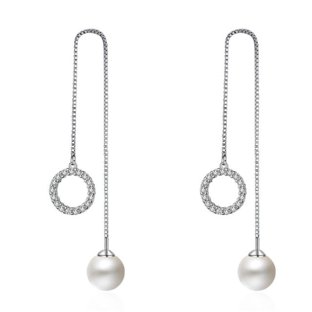 Cubic zirconia circle Pearl diamond threader earrings