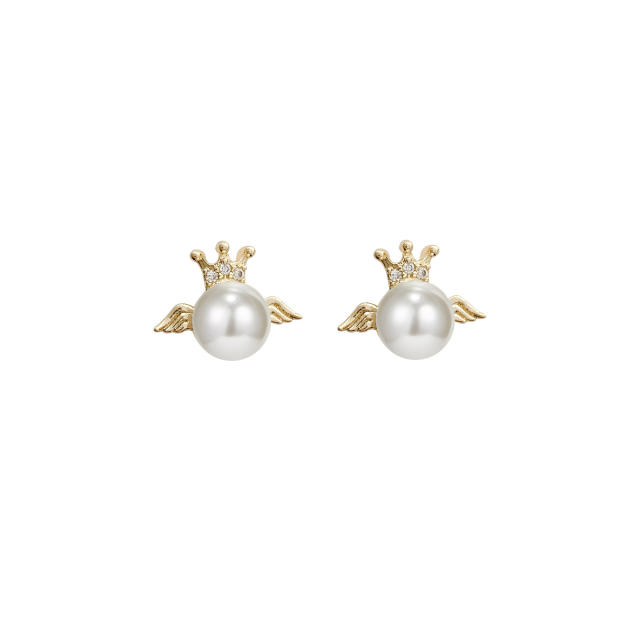 925 silver needle crown wings pearl  zircon studs earrings