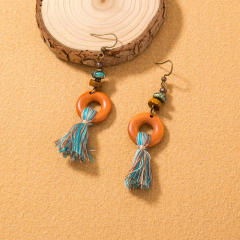 Wood hoop thread tassel earrings