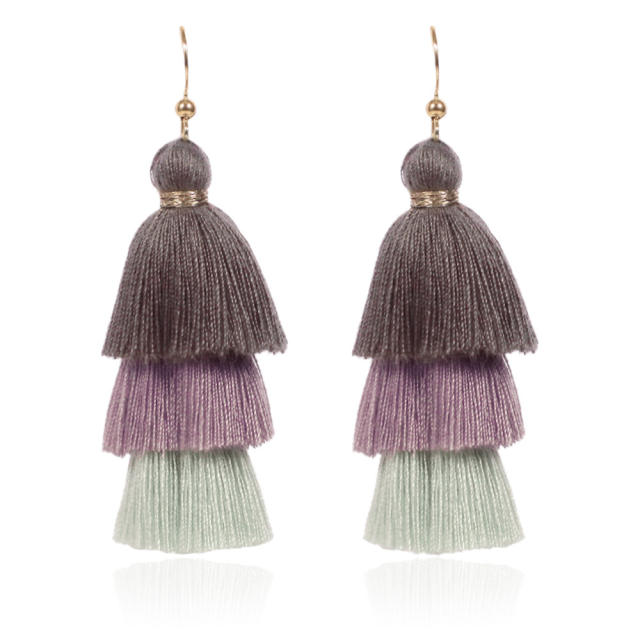 Three layers colorful thread tassel earrings