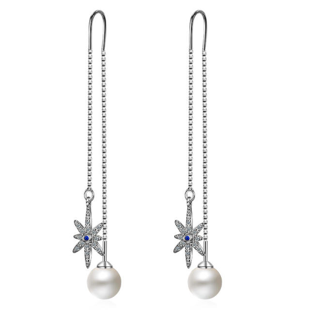 Flower Pearl cubic zirconia diamond threader earrings