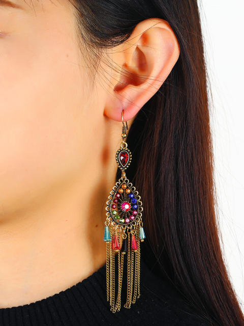 Crystal beads rhinestone chain tassel earrings