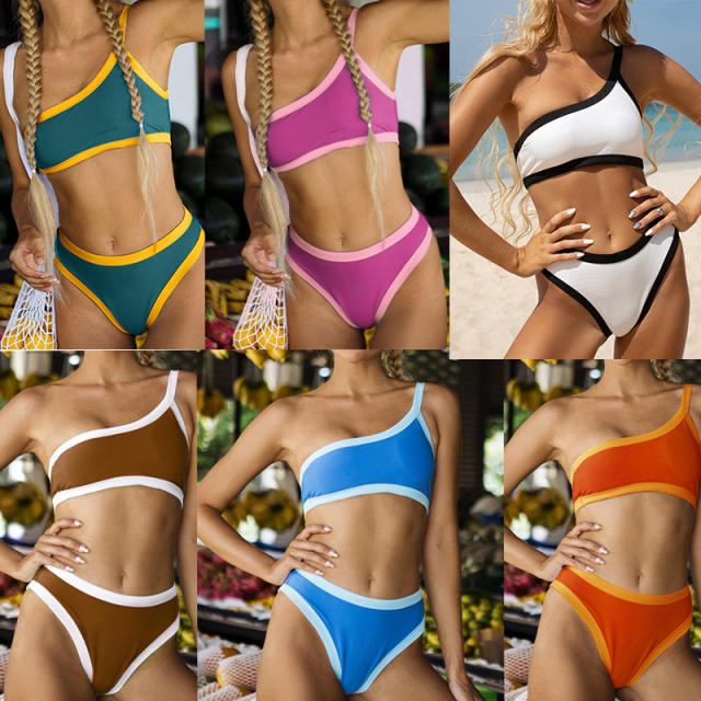 One shoulder colored high waist swimsuit