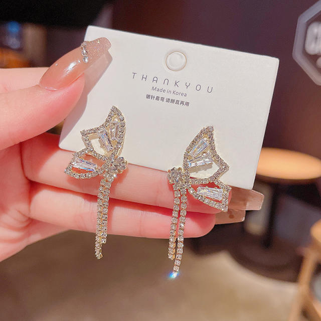 925 silver needle butterfly zircon tassel earrings