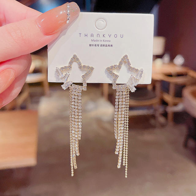 925 silver needle five-pointed star zircon tassel earrings