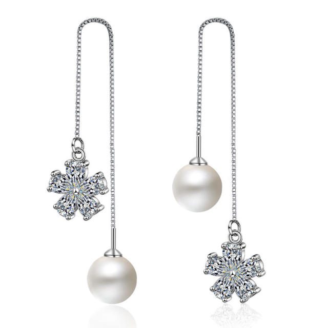 Pearl Flower cubic zirconia diamond threader earrings