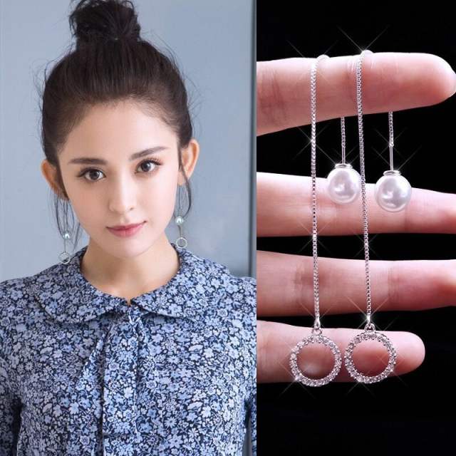 Pearl diamond Circle threader earrings