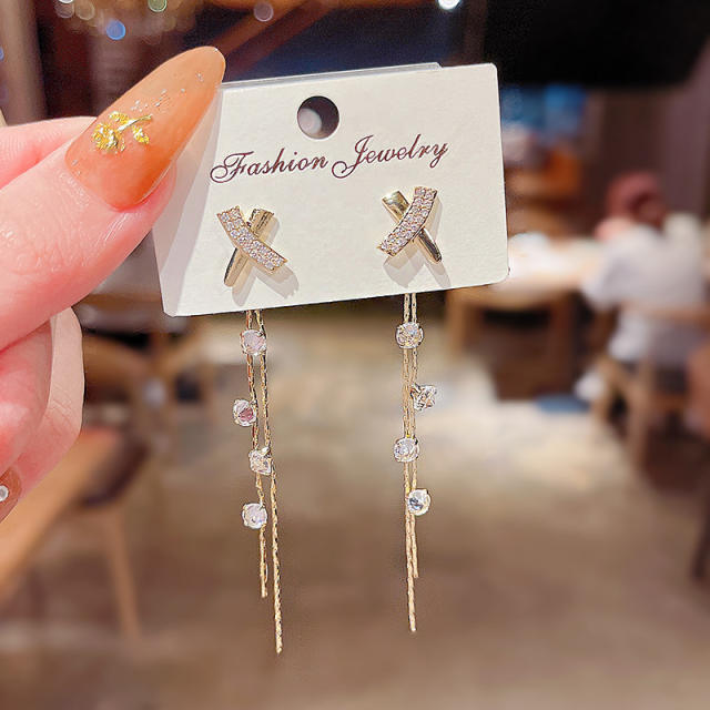 925 silver needle zircon tassel jacket earrings