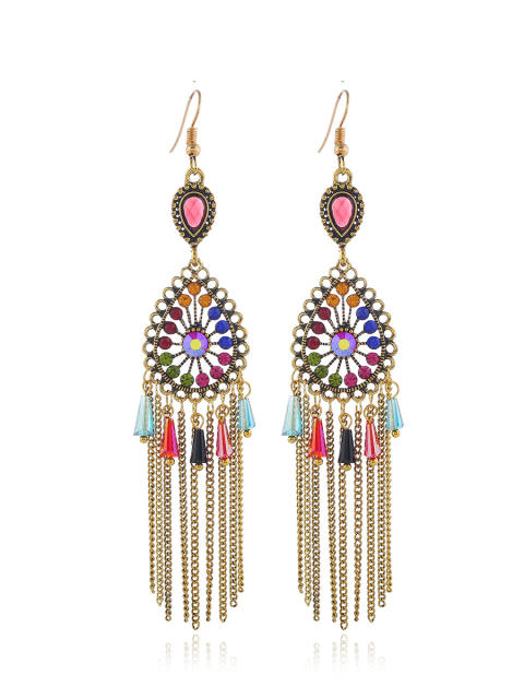 Crystal beads rhinestone chain tassel earrings