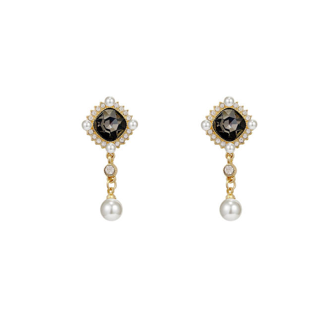 925 silver needle square zircon pearl dangling earrings
