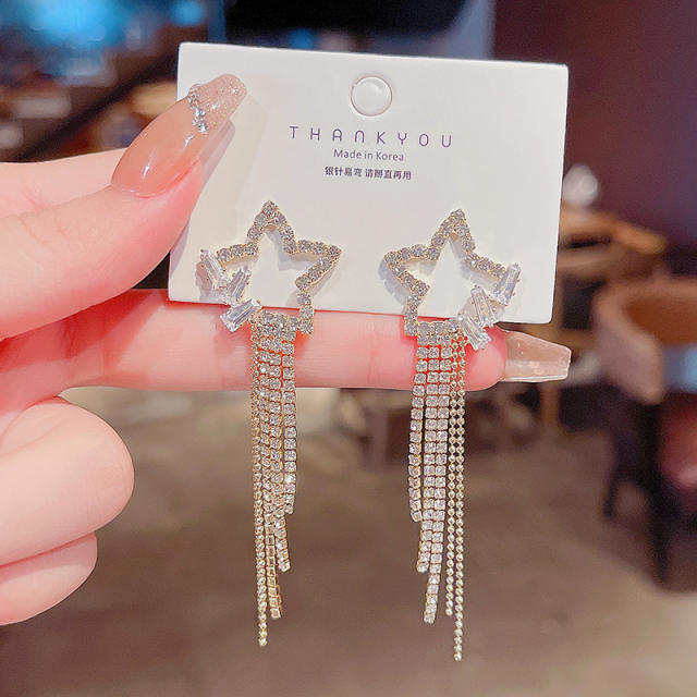 925 silver needle five-pointed star zircon tassel earrings