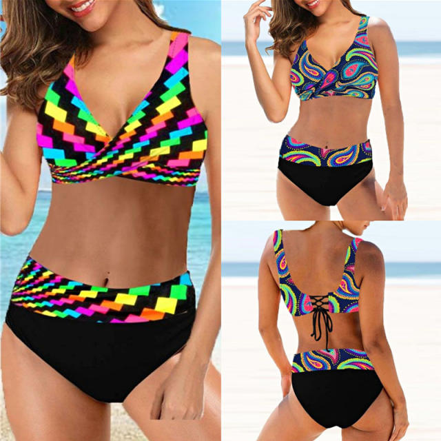 Color print high waist two piece swimsuit