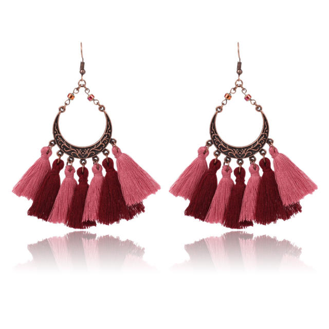 Bohemian style retro thread hoop tassel earrings