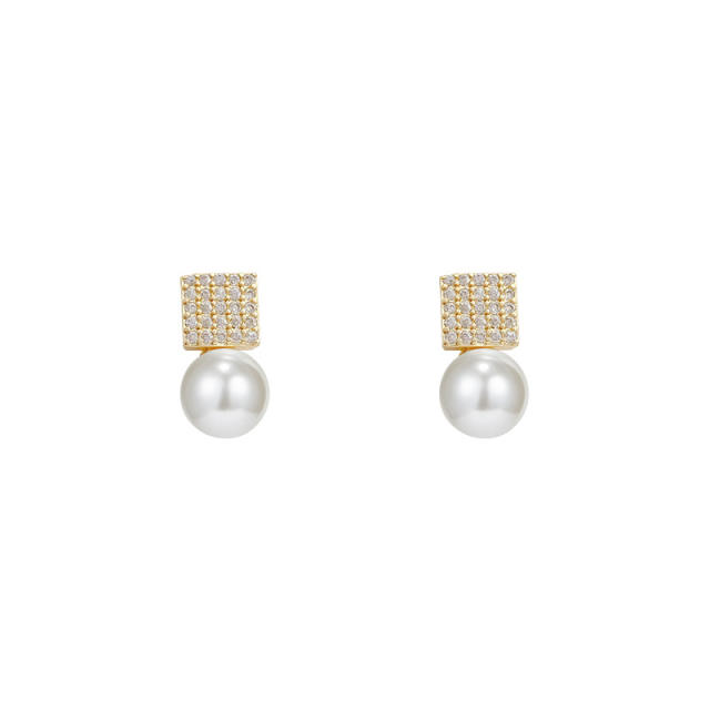 925 silver needle square zircon pearl studs earrings