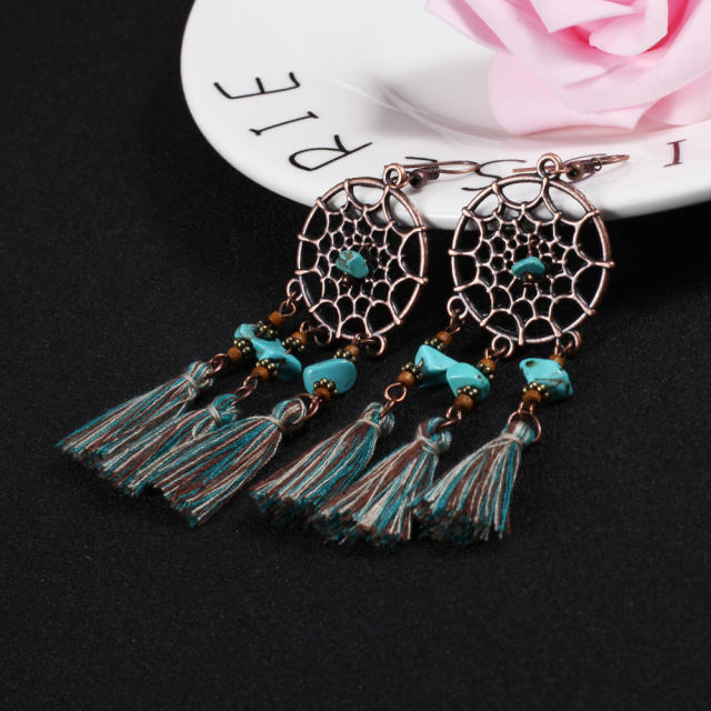 Retro dream catcher thread tassel earrings