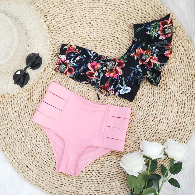 One shoulder ruffle high waist two piece swimsuit