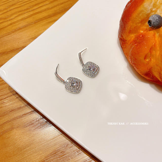 925 silver needle square zircon dangling earrings