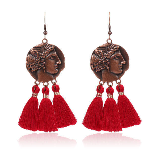 Retro human head thread hoop tassel earrings