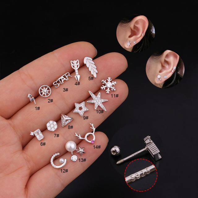 925 silver zircon studs cartilage earrings