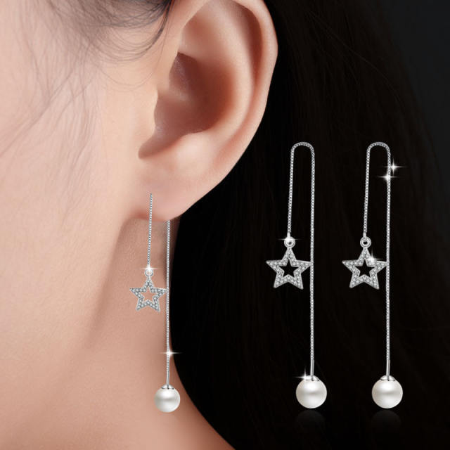 Cubic zirconia five-pointed star Pearl threader earrings