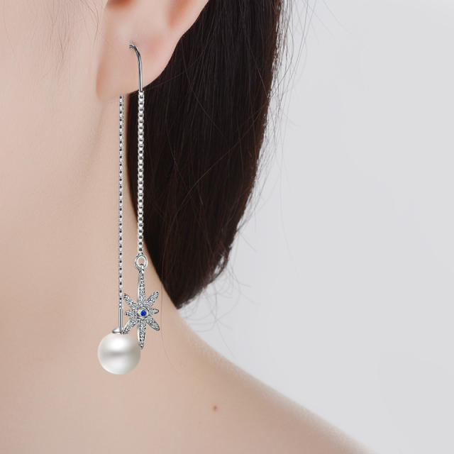 Flower Pearl cubic zirconia diamond threader earrings