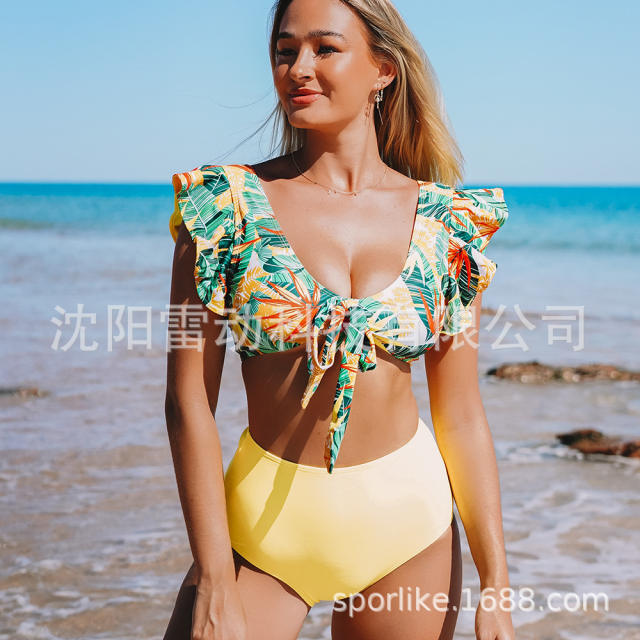 Color print flounced high waist swimsuit